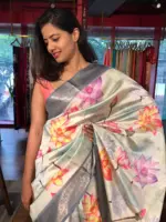 Pastel Blue Printed Banarasi Silk Saree