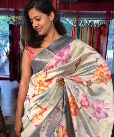 Pastel Blue Printed Banarasi Silk Saree