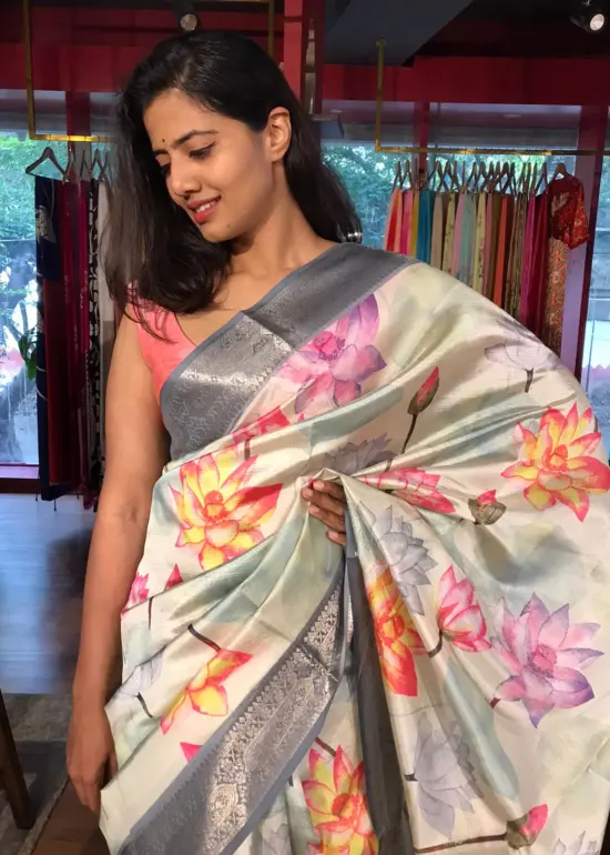 Pastel Blue Printed Banarasi Silk Saree