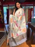 Pastel Blue Printed Banarasi Silk Saree - Image 3