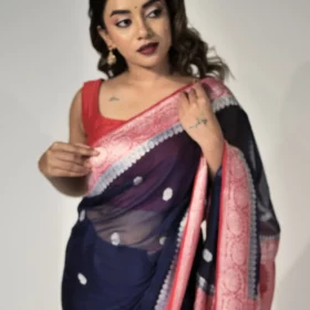 Navy Blue Chiffon Silk Saree with Kadwa Zari Buttis