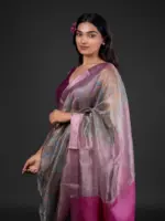 Blue Tissue Silk Saree with Beautiful Kalamkari Prints - Image 3