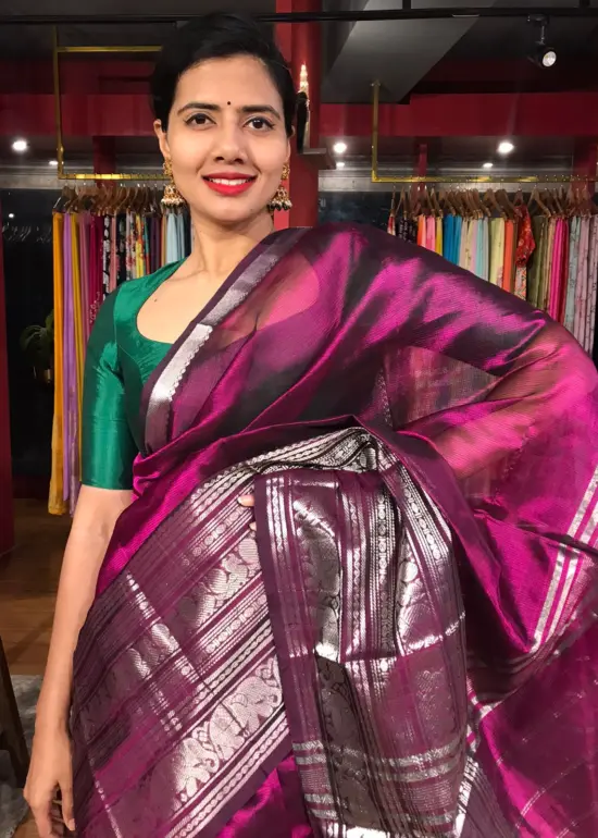 Magenta Mangalagiri Silk Saree with Kanchi Silk Border