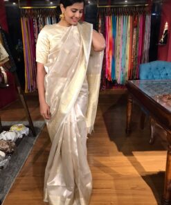 Silver Tissue Silk Saree with Gold and Silver Zari Buttis