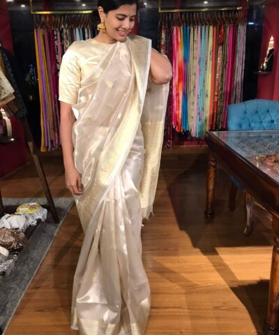 Silver Tissue Silk Saree with Gold and Silver Zari Buttis