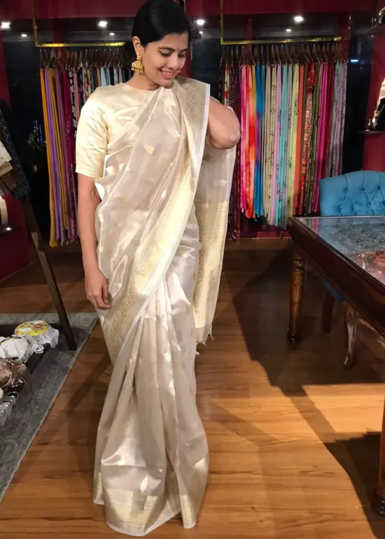 Silver Tissue Silk Saree with Gold and Silver Zari Buttis