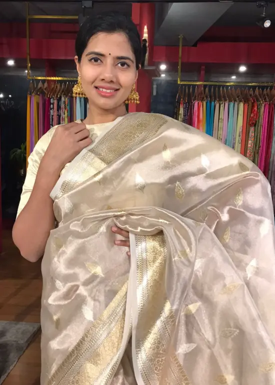 Gold Silver Tissue Silk Saree with Zari Buttis