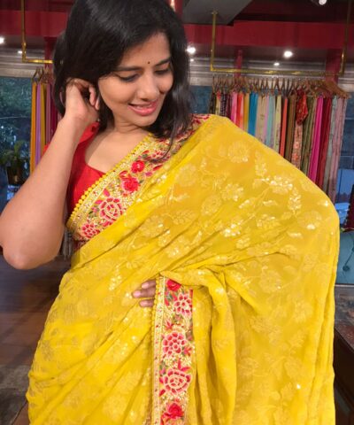 Yellow Georgette Saree Embroidered with Sequins and Florals