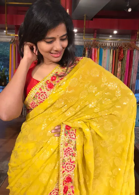 Yellow Georgette Saree Embroidered with Sequins and Florals