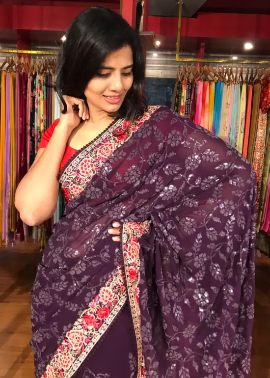 Purple Georgette Saree Embellished with Sequins and Floral Embroidery