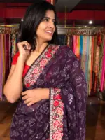 Purple Georgette Saree Embellished with Sequins and Floral Embroidery - Image 4