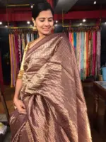 Coffee Brown Tussar Silk Saree with Gold Zari Striped Weaves - Image 2