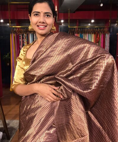 Coffee Brown Tussar Silk Saree with Gold Zari Striped Weaves