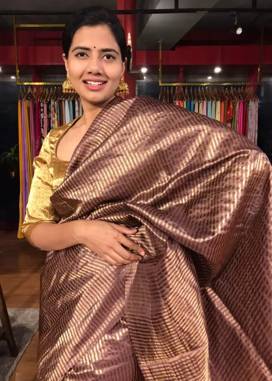 Coffee Brown Tussar Silk Saree with Gold Zari Striped Weaves