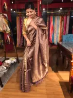 Coffee Brown Tussar Silk Saree with Gold Zari Striped Weaves - Image 3