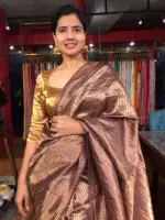 Coffee Brown Tussar Silk Saree with Gold Zari Striped Weaves - Image 5