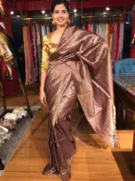 Coffee Brown Tussar Silk Saree with Gold Zari Striped Weaves - Image 4