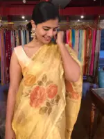 Golden Yellow Hand Painted and Hand Embroidered Tissue Silk Saree - Image 2
