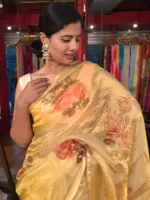 Golden Yellow Hand Painted and Hand Embroidered Tissue Silk Saree