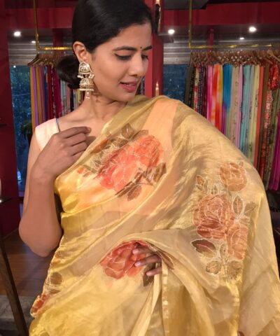 Golden Yellow Hand Painted and Hand Embroidered Tissue Silk Saree