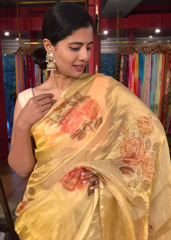 Golden Yellow Hand Painted and Hand Embroidered Tissue Silk Saree