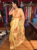Golden Yellow Hand Painted and Hand Embroidered Tissue Silk Saree - Image 3