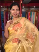 Golden Yellow Hand Painted and Hand Embroidered Tissue Silk Saree - Image 6