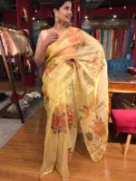 Golden Yellow Hand Painted and Hand Embroidered Tissue Silk Saree - Image 5