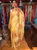 Golden Yellow Hand Painted and Hand Embroidered Tissue Silk Saree - Image 4