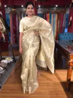 Gold Silver Tissue Silk Saree highlighted with Zari Buttis - Image 2