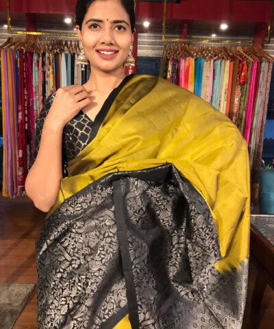 Mustard Kanchivaram Silk Saree with Silver Zari Weaves
