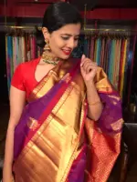 Magenta Organza Silk Saree highlighted with Kanchi Silk Border - Image 4