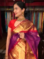 Magenta Organza Silk Saree highlighted with Kanchi Silk Border - Image 3