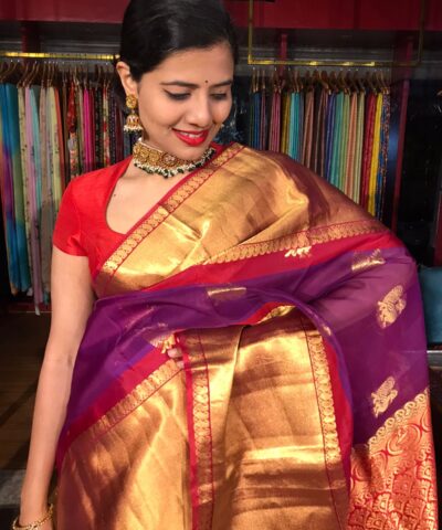 Magenta Organza Silk Saree highlighted with Kanchi Silk Border