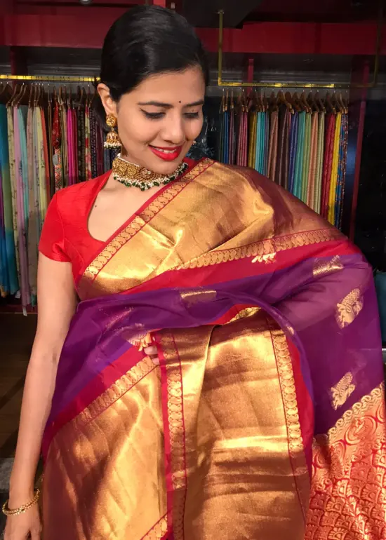 Magenta Organza Silk Saree highlighted with Kanchi Silk Border