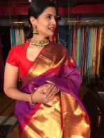 Magenta Organza Silk Saree highlighted with Kanchi Silk Border - Image 7