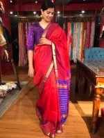 Red Mangalagiri Silk Saree woven in Gold Zari in Chequered Pattern - Image 3