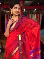 Red Mangalagiri Silk Saree woven in Gold Zari in Chequered Pattern