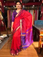 Red Mangalagiri Silk Saree woven in Gold Zari in Chequered Pattern - Image 5