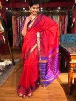 Red Mangalagiri Silk Saree woven in Gold Zari in Chequered Pattern - Image 4