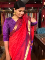 Red Mangalagiri Silk Saree woven in Gold Zari in Chequered Pattern - Image 2