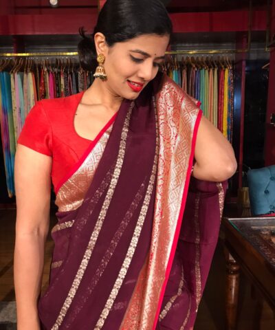 Brown Georgette Saree with Gold Zari Weaves