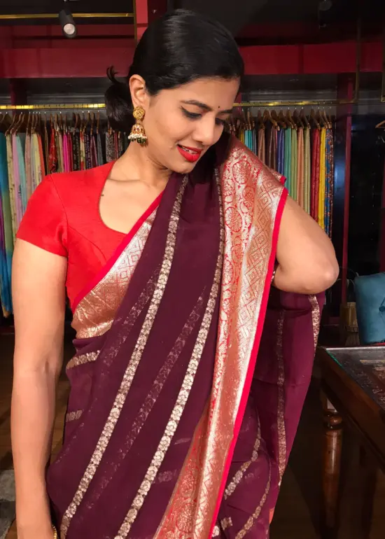 Brown Georgette Saree with Gold Zari Weaves