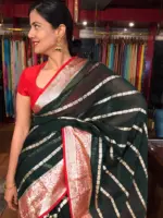 Bottle Green Georgette Saree with Gold Zari Weaves - Image 6