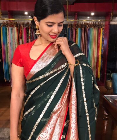 Bottle Green Georgette Saree with Gold Zari Weaves