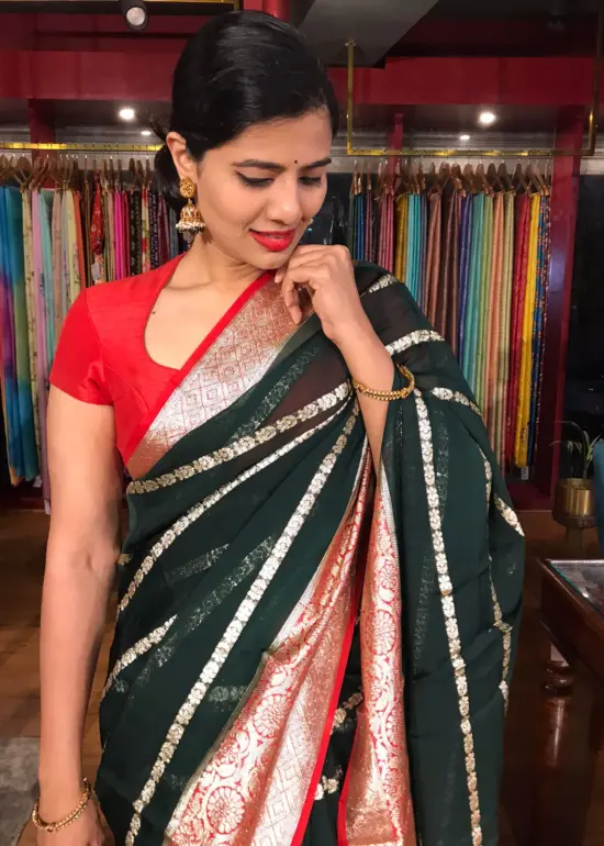 Bottle Green Georgette Saree with Gold Zari Weaves