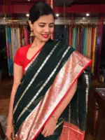 Bottle Green Georgette Saree with Gold Zari Weaves - Image 3