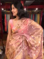 Nude Pink Hand Painted Embroidered Tissue Silk Saree highlighted with Scalloped Border