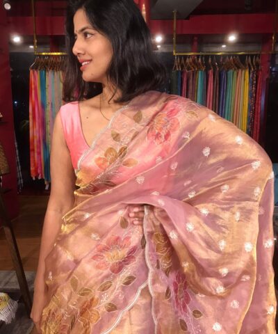 Nude Pink Hand Painted Embroidered Tissue Silk Saree highlighted with Scalloped Border
