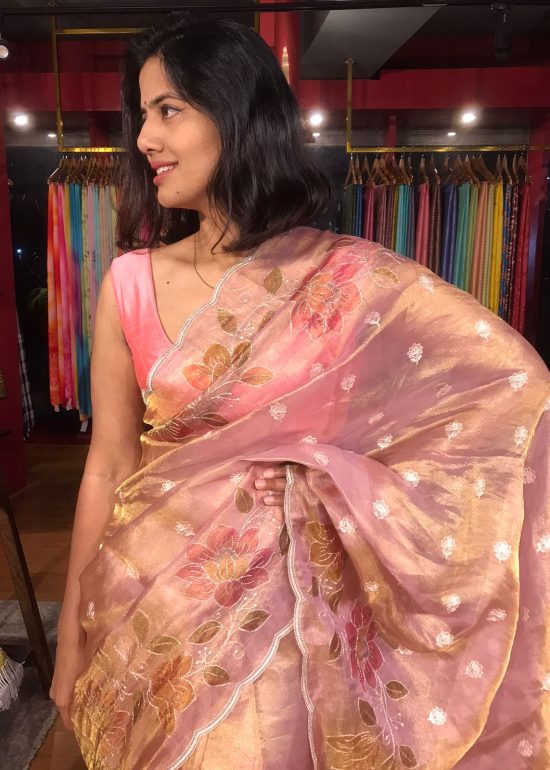 Nude Pink Hand Painted Embroidered Tissue Silk Saree highlighted with Scalloped Border